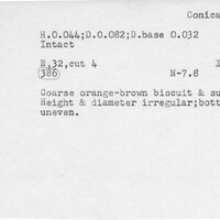 Index card with typed and handwritten information, sometimes including a sketch, of pottery from an excavation.