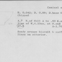 Index card with typed and handwritten information, sometimes including a sketch, of pottery from an excavation.