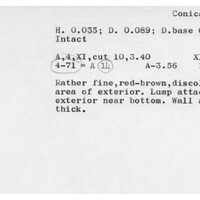 Index card with typed and handwritten information, sometimes including a sketch, of pottery from an excavation.
