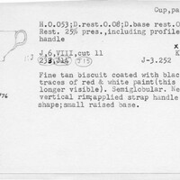 Index card with typed and handwritten information, sometimes including a sketch, of pottery from an excavation.