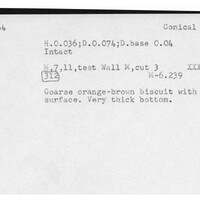 Index card with typed and handwritten information, sometimes including a sketch, of pottery from an excavation.