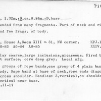 Index card with typed and handwritten information, sometimes including a sketch, of pottery from an excavation.