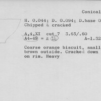 Index card with typed and handwritten information, sometimes including a sketch, of pottery from an excavation.