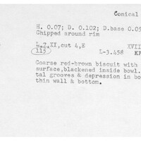 Index card with typed and handwritten information, sometimes including a sketch, of pottery from an excavation.