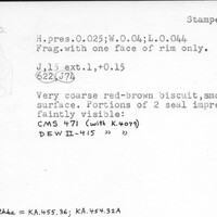 Index card with typed and handwritten information, sometimes including a sketch, of pottery from an excavation.