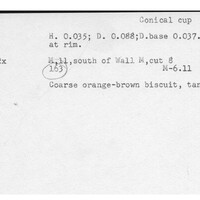 Index card with typed and handwritten information, sometimes including a sketch, of pottery from an excavation.