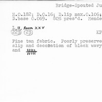 Index card with typed and handwritten information, sometimes including a sketch, of pottery from an excavation.