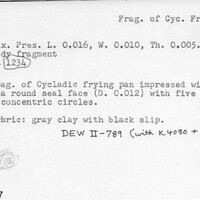 Index card with typed and handwritten information, sometimes including a sketch, of pottery from an excavation.