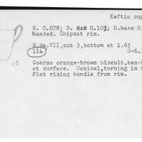 Index card with typed and handwritten information, sometimes including a sketch, of pottery from an excavation.