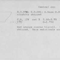 Index card with typed and handwritten information, sometimes including a sketch, of pottery from an excavation.