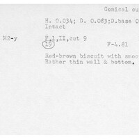 Index card with typed and handwritten information, sometimes including a sketch, of pottery from an excavation.