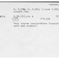 Index card with typed and handwritten information, sometimes including a sketch, of pottery from an excavation.