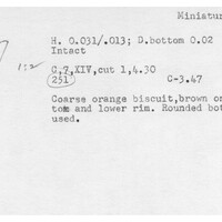 Index card with typed and handwritten information, sometimes including a sketch, of pottery from an excavation.