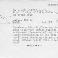 Index card with typed and handwritten information, sometimes including a sketch, of pottery from an excavation.