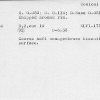Index card with typed and handwritten information, sometimes including a sketch, of pottery from an excavation.