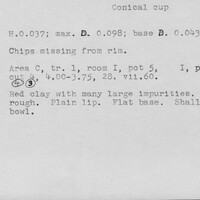 Index card with typed and handwritten information, sometimes including a sketch, of pottery from an excavation.