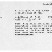 Index card with typed and handwritten information, sometimes including a sketch, of pottery from an excavation.