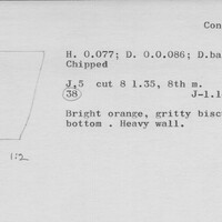 Index card with typed and handwritten information, sometimes including a sketch, of pottery from an excavation.