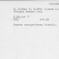 Index card with typed and handwritten information, sometimes including a sketch, of pottery from an excavation.