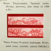 Red and white landscape print with animals, palm trees, and river from about 1500 BC.