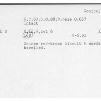 Index card with typed and handwritten information, sometimes including a sketch, of pottery from an excavation.