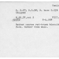 Index card with typed and handwritten information, sometimes including a sketch, of pottery from an excavation.