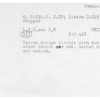 Index card with typed and handwritten information, sometimes including a sketch, of pottery from an excavation.