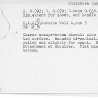 Index card with typed and handwritten information, sometimes including a sketch, of pottery from an excavation.