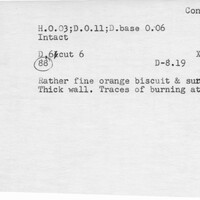 Index card with typed and handwritten information, sometimes including a sketch, of pottery from an excavation.