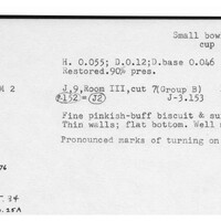 Index card with typed and handwritten information, sometimes including a sketch, of pottery from an excavation.