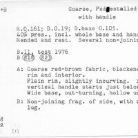 Index card with typed and handwritten information, sometimes including a sketch, of pottery from an excavation.