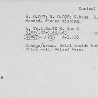 Index card with typed and handwritten information, sometimes including a sketch, of pottery from an excavation.