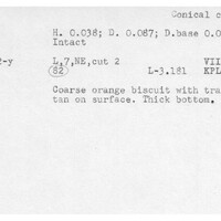Index card with typed and handwritten information, sometimes including a sketch, of pottery from an excavation.