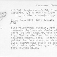 Index card with typed and handwritten information, sometimes including a sketch, of pottery from an excavation.