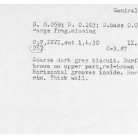 Index card with typed and handwritten information, sometimes including a sketch, of pottery from an excavation.