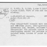 Index card with typed and handwritten information, sometimes including a sketch, of pottery from an excavation.