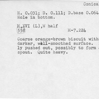 Index card with typed and handwritten information, sometimes including a sketch, of pottery from an excavation.