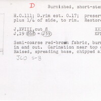 Index card with typed and handwritten information, sometimes including a sketch, of pottery from an excavation.