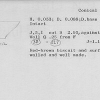 Index card with typed and handwritten information, sometimes including a sketch, of pottery from an excavation.