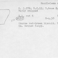 Index card with typed and handwritten information, sometimes including a sketch, of pottery from an excavation.