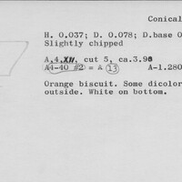 Index card with typed and handwritten information, sometimes including a sketch, of pottery from an excavation.
