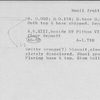 Index card with typed and handwritten information, sometimes including a sketch, of pottery from an excavation.