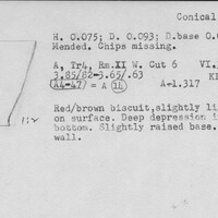 Index card with typed and handwritten information, sometimes including a sketch, of pottery from an excavation.