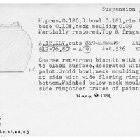 Index card with typed and handwritten information, sometimes including a sketch, of pottery from an excavation.