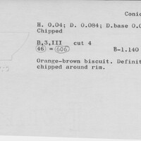 Index card with typed and handwritten information, sometimes including a sketch, of pottery from an excavation.