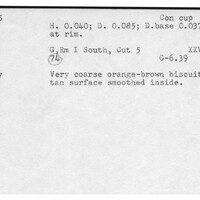 Index card with typed and handwritten information, sometimes including a sketch, of pottery from an excavation.