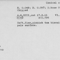 Index card with typed and handwritten information, sometimes including a sketch, of pottery from an excavation.