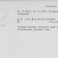 Index card with typed and handwritten information, sometimes including a sketch, of pottery from an excavation.
