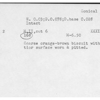 Index card with typed and handwritten information, sometimes including a sketch, of pottery from an excavation.