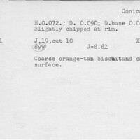 Index card with typed and handwritten information, sometimes including a sketch, of pottery from an excavation.